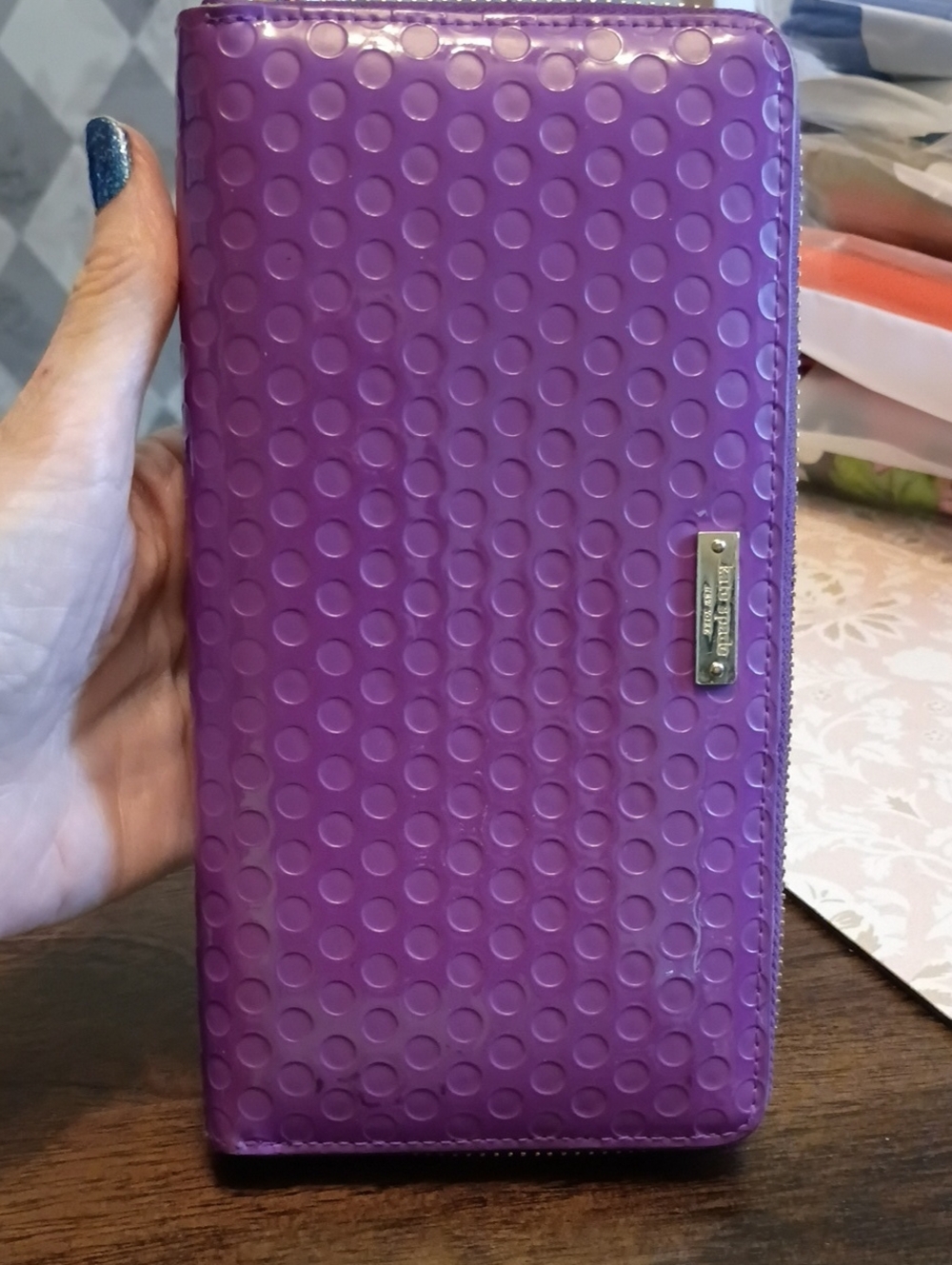 kate spade Purple Dot-Embossed Zip Wallet